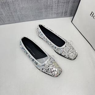 法式温柔晚晚鞋2026春秋新款鞋子方头平底银色亮片仙女豆豆单鞋女