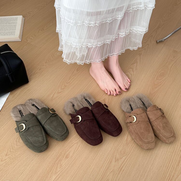 高级感毛毛拖鞋女外穿复古博肯秋冬新款英伦风金属扣兔毛包头拖鞋