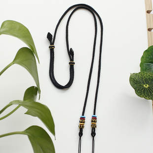 纯手工编绳编织横穿款项链绳吊坠挂绳毛衣链搭天珠金饰黑色定制