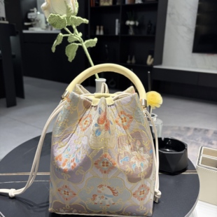 头层皮抽绳高款水桶包钥钥手工宋锦diy自制材料包手工包