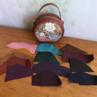 荔枝纹圆饼包头层钥钥手工牛皮diy自制材料包解闷手作缝制宋锦