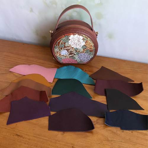 荔枝纹圆饼包头层钥钥手工牛皮diy自制材料包解闷手作缝制宋锦