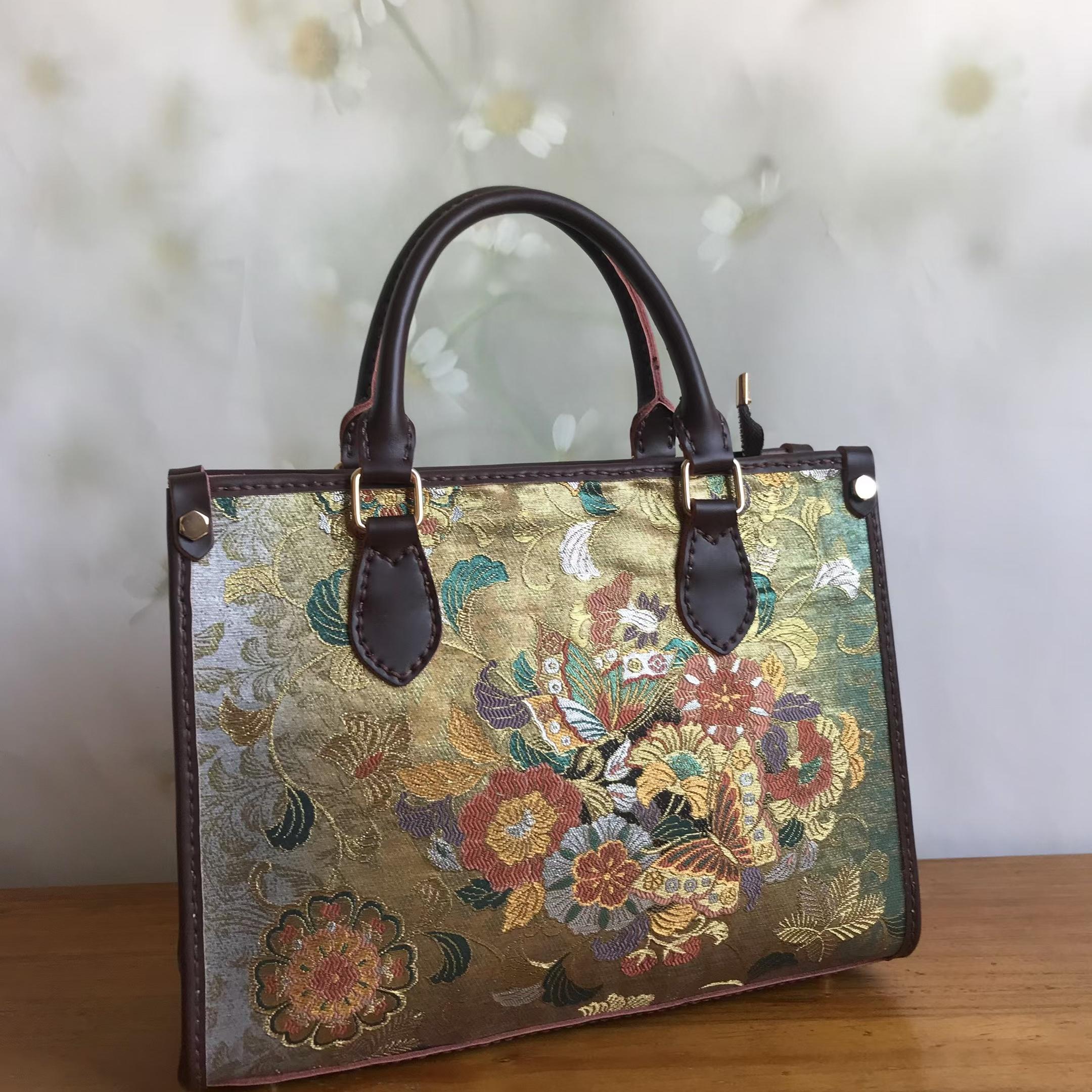 横版皮中托特材料包自制手工牛皮包diy材料宋锦钥钥手工真皮包包