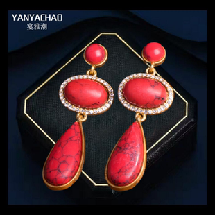 复古红松石耳环女小众高级感中古宫廷风耳钉925银针个性耳饰