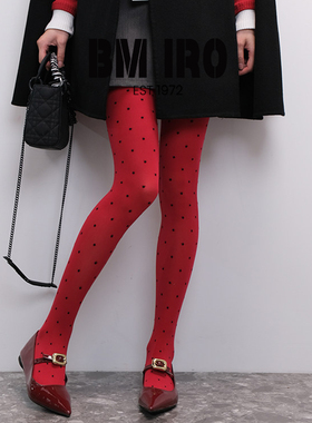 日本BM iro红色圆点连裤袜女秋冬时尚ins高级小众酒红波点打底袜