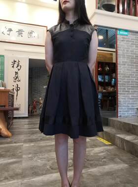 上海滩清仓绵羊皮拼接时尚连衣裙无袖立领礼服改良旗袍 小黑裙