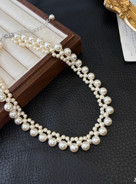 丽贝丽影错落奶白色珍珠揉成柔润波浪叠层锁骨链女优雅气质温柔