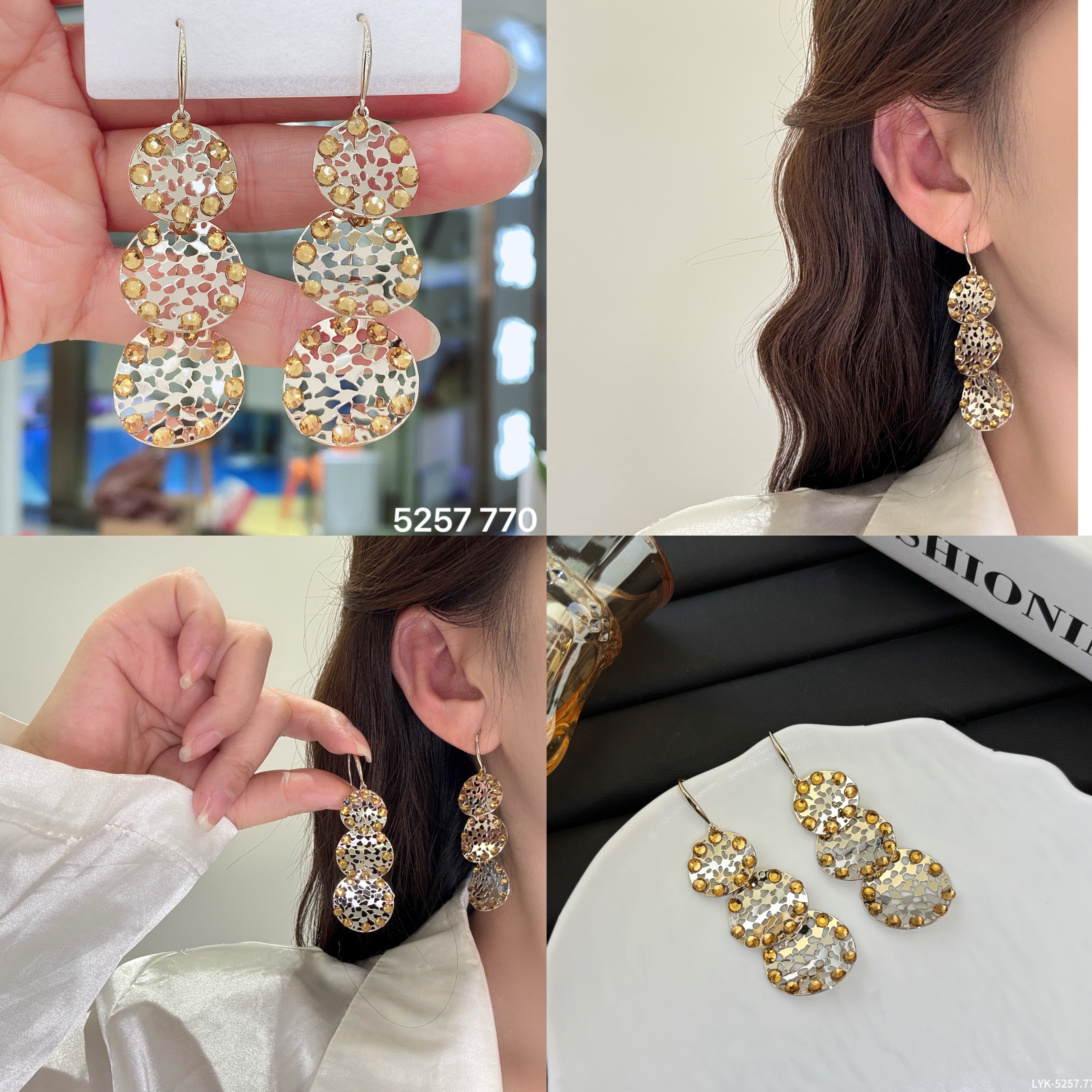 丽贝丽影秋冬款金属片镂空点钻椭圆片错落叠成流苏感耳环时尚气质