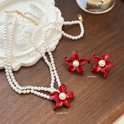 丽贝丽影丽银法式复古烤漆鸢尾花套系气质优雅珍珠项链耳钉女配饰