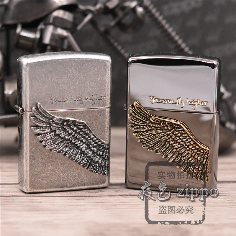 夜色zippo正品 韩版古银黑冰飞的更高天使之翼送男友