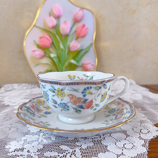 日本制 Narumi鸣海咖啡杯碟套装 五彩雀鸟 咖啡杯碟 红茶杯碟