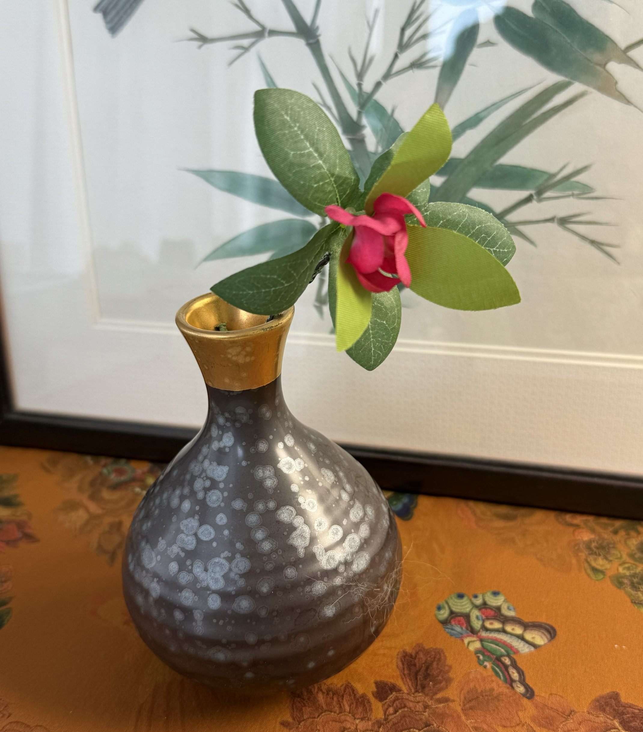 日本制 悦山窑 天目釉质感 结晶金 花器 小花瓶