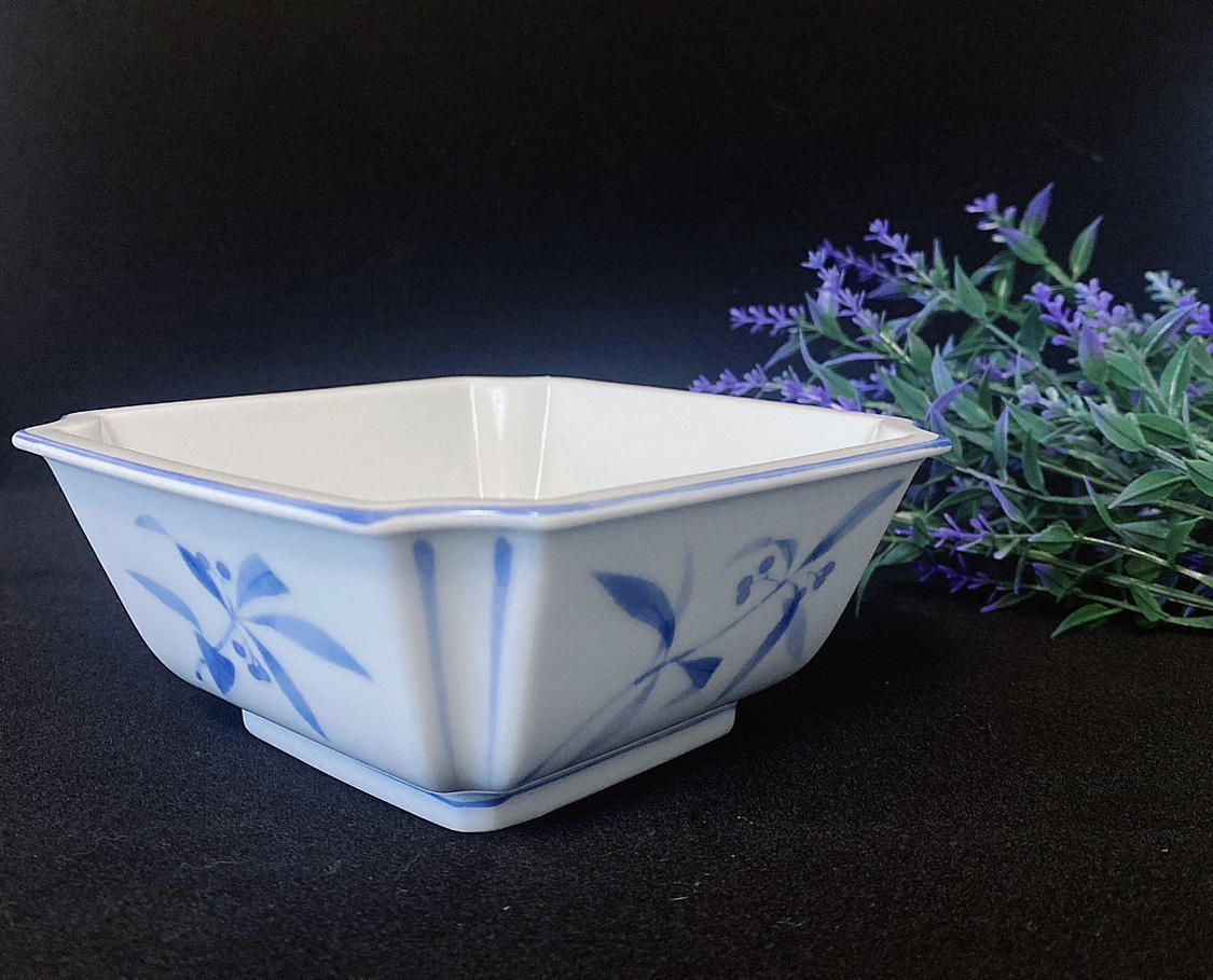 日本制 则武 Noritake 青花彩绘花草纹 方钵 果子钵多用途