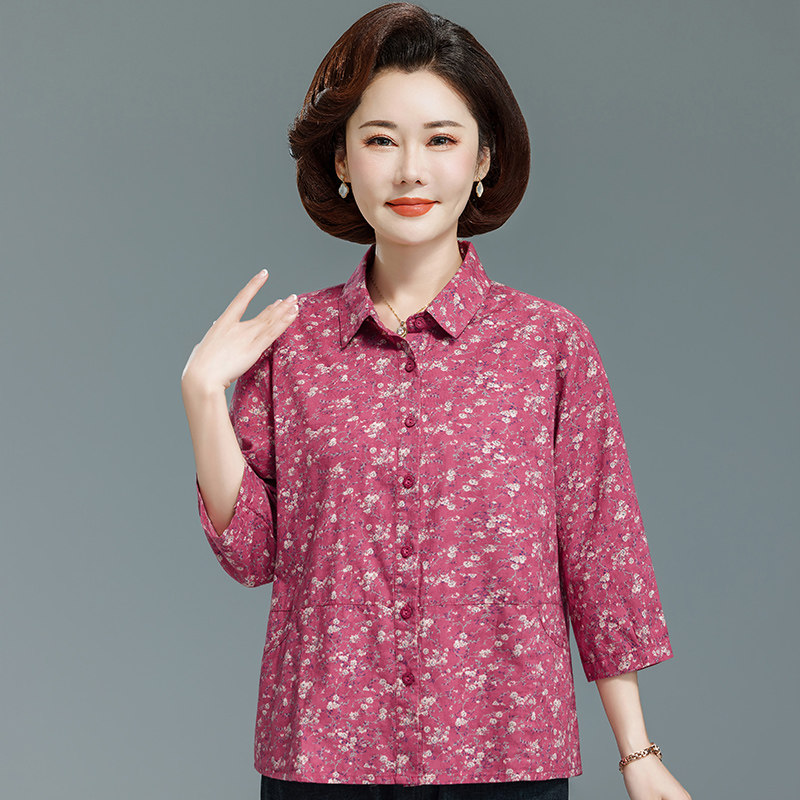 中老年女妈妈春夏装洋气衬衫奶奶七分袖上衣翻领老人衣服纯棉夏季