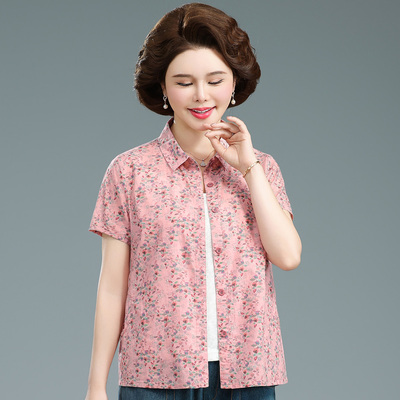 夏装妈妈短袖纯棉衬衫女全棉开衫
