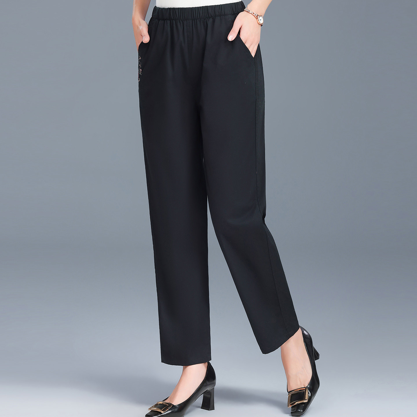 中老年女裤高腰妈妈装裤子春夏长款奶奶宽松休闲裤绣花直筒纯棉裤