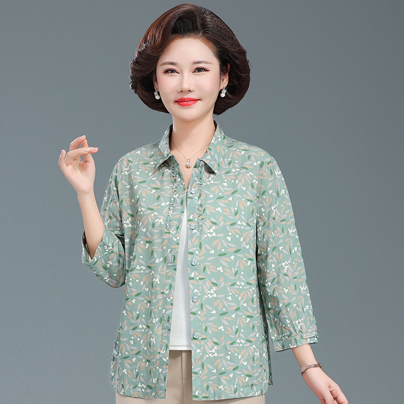 妈妈春夏装棉质衬衫七分袖中老年