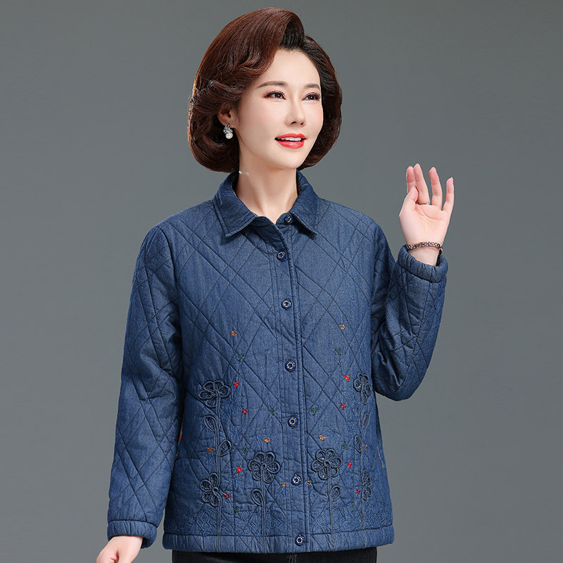 奶奶秋冬夹棉牛仔衬衫外套老年人纯棉上衣女短款老太太衣服妈妈装