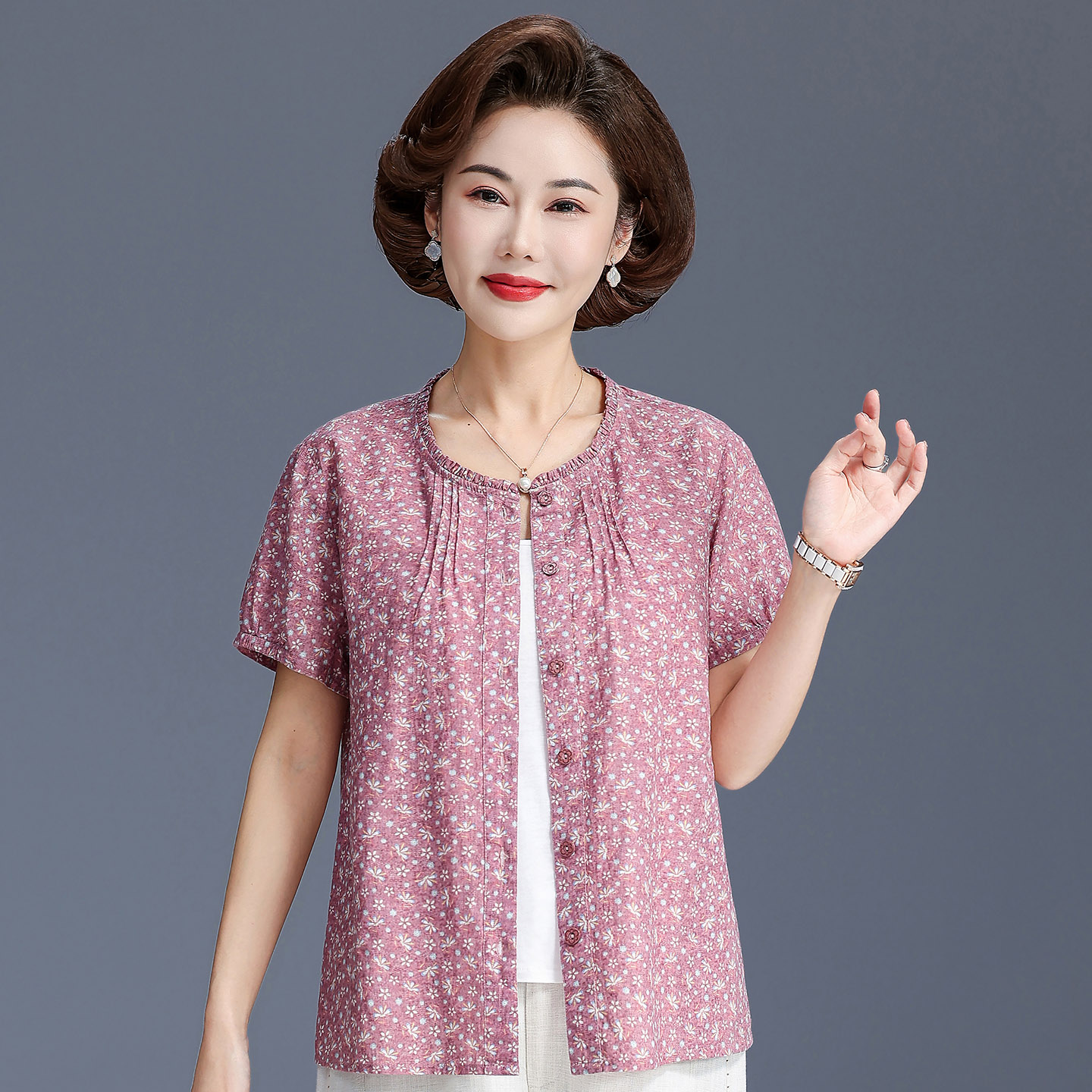 中老年女夏装纯棉碎花短袖宽松圆领衬衫奶奶衬衣T恤全棉上衣洋气