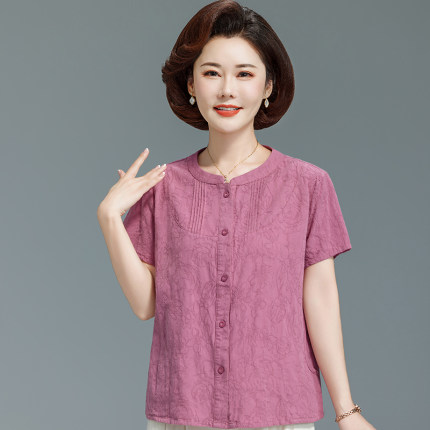 中老年夏装纯棉短袖衬衣妈妈装圆领宽松绣花老人衣服大码短款衬衫