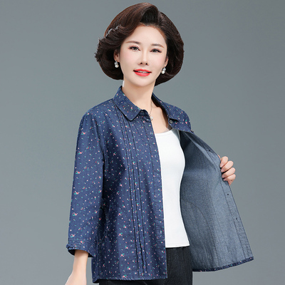 中老年春夏女牛仔纯棉衬衫七分袖