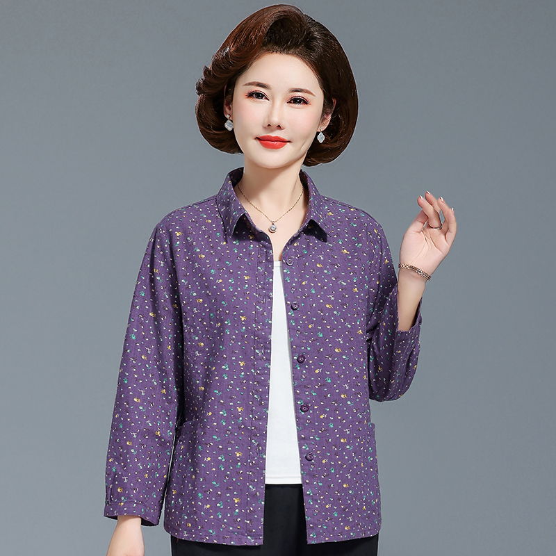 中老年女春夏季长袖纯棉衬衫妈妈奶奶碎花全棉上衣老太太夏天衣服