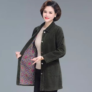 妈妈装秋纯棉外套女夹棉中长款50岁外套中老年纯棉灯芯绒棉衣大码