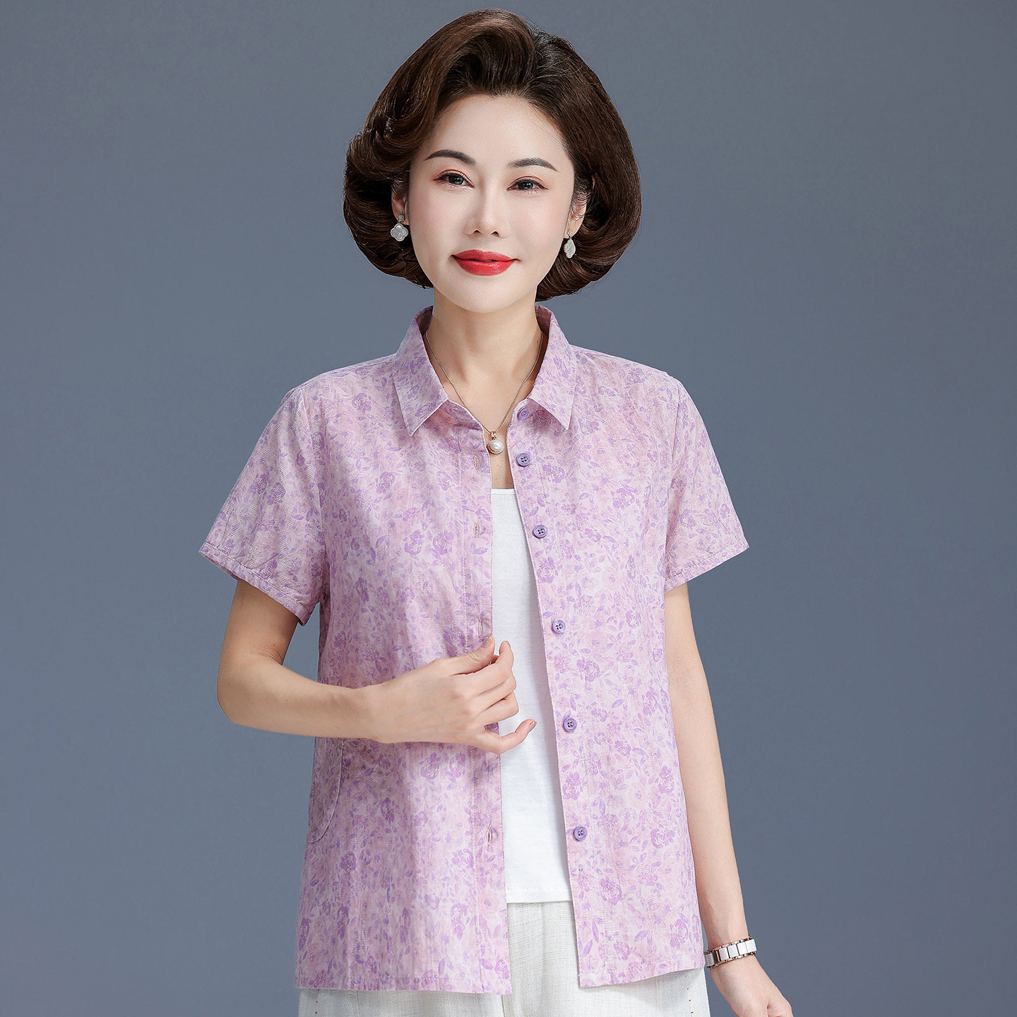 妈妈夏装短袖纯棉衬衫洋气碎花上衣中老年女宽松奶奶T恤全棉开衫