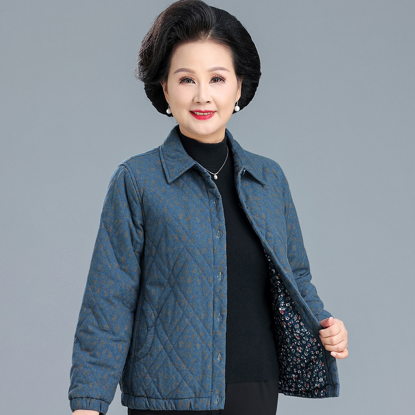 奶奶秋冬夹棉上衣老年人碎花纯棉