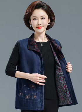 中老年女春秋牛仔马甲妈妈纯棉绣