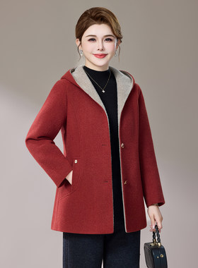 春秋中长款羊毛呢连帽女大衣外套