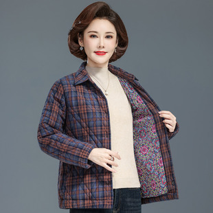 妈妈春秋格子外套夹棉薄棉服纯棉秋冬装 洋气中老年女奶奶衬衣 新款
