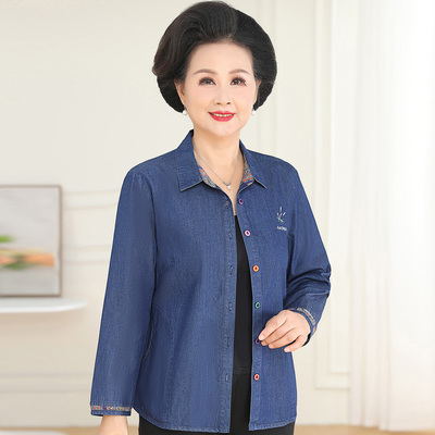 中老年春秋牛仔衬衫洋气绣花长袖