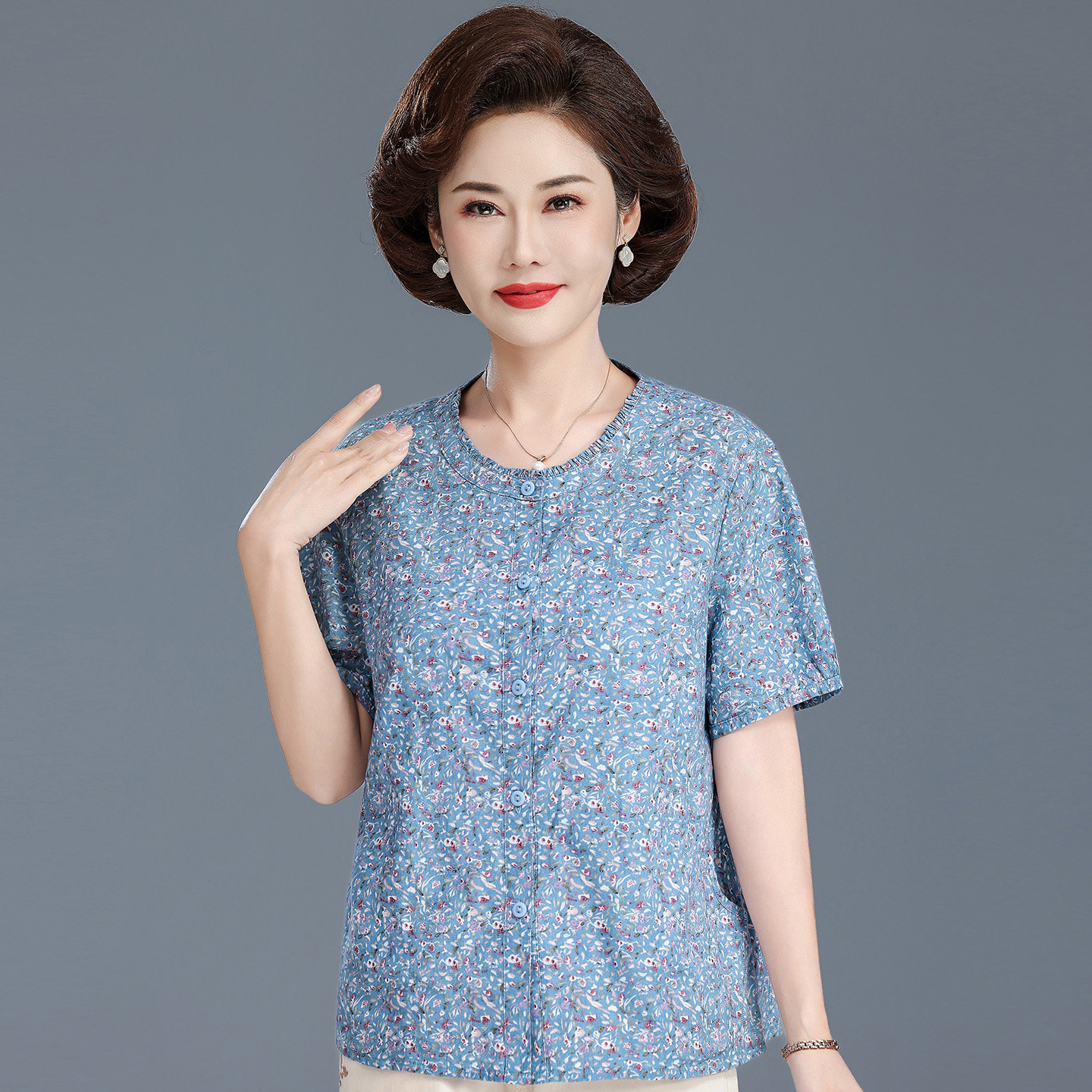 夏装中老年女装衬衫妈妈款洋气高贵小衫奶奶纯棉高贵短袖t恤衬衫
