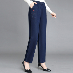 棉质妈妈牛仔裤春秋季新款高腰中老年女裤长裤老太太裤子休闲外穿
