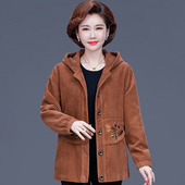 中老年人女春秋装 外套纯棉条绒上衣妈妈灯芯绒绣花外套加肥加大码