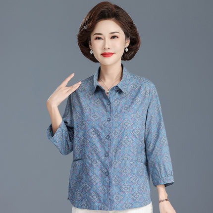 奶奶装春夏七分袖碎花衬衫纯棉中老年女洋气翻领宽松老人全棉衣服