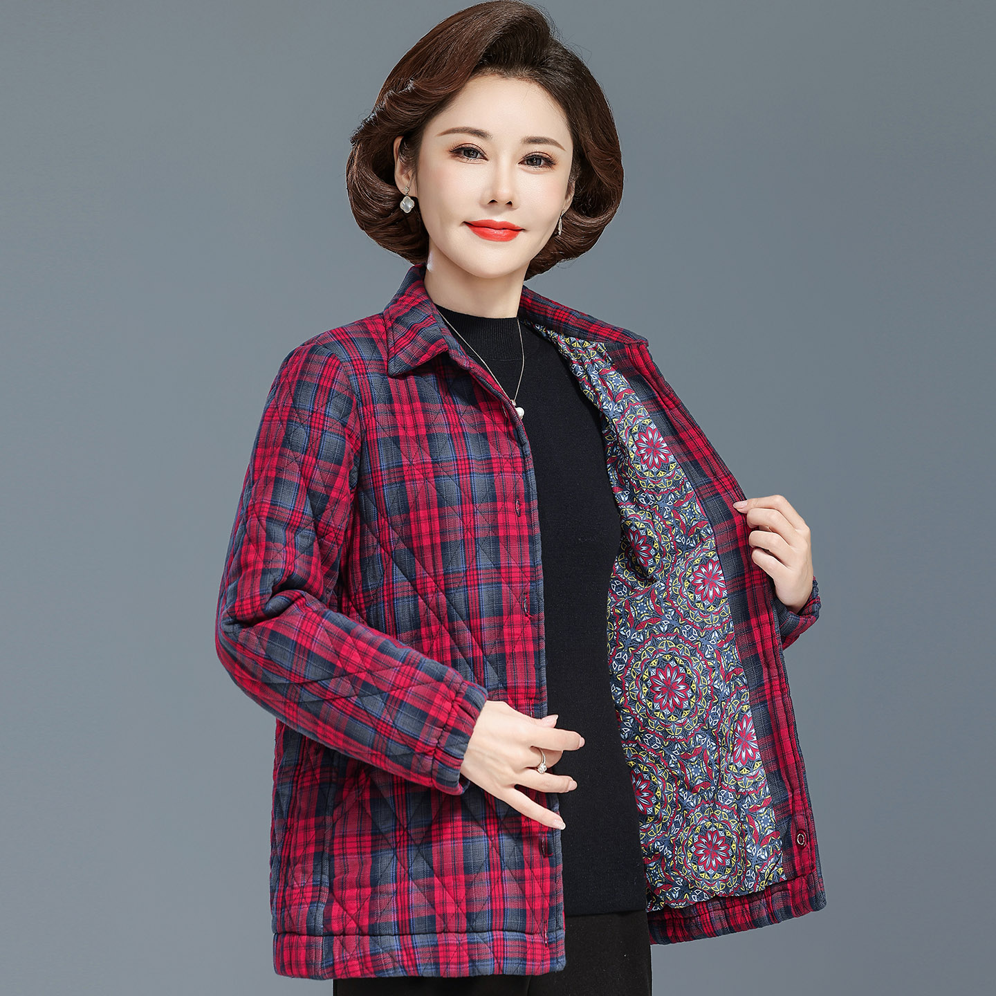 中老年长袖时尚格子纯棉棉服大码