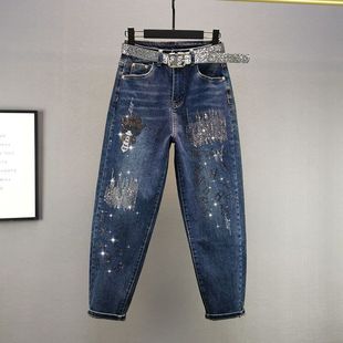 垮裤 欧货重工烫钻牛仔哈伦裤 字母九分裤 宽松弹力老爹裤 女秋冬厚款