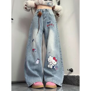 女2026春夏高腰宽松卡通直筒长裤 vibe立体刺绣KT猫牛仔阔腿裤 大码