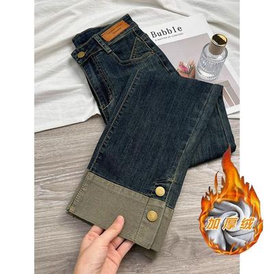 高腰弹力窄版直筒裤加绒九分裤