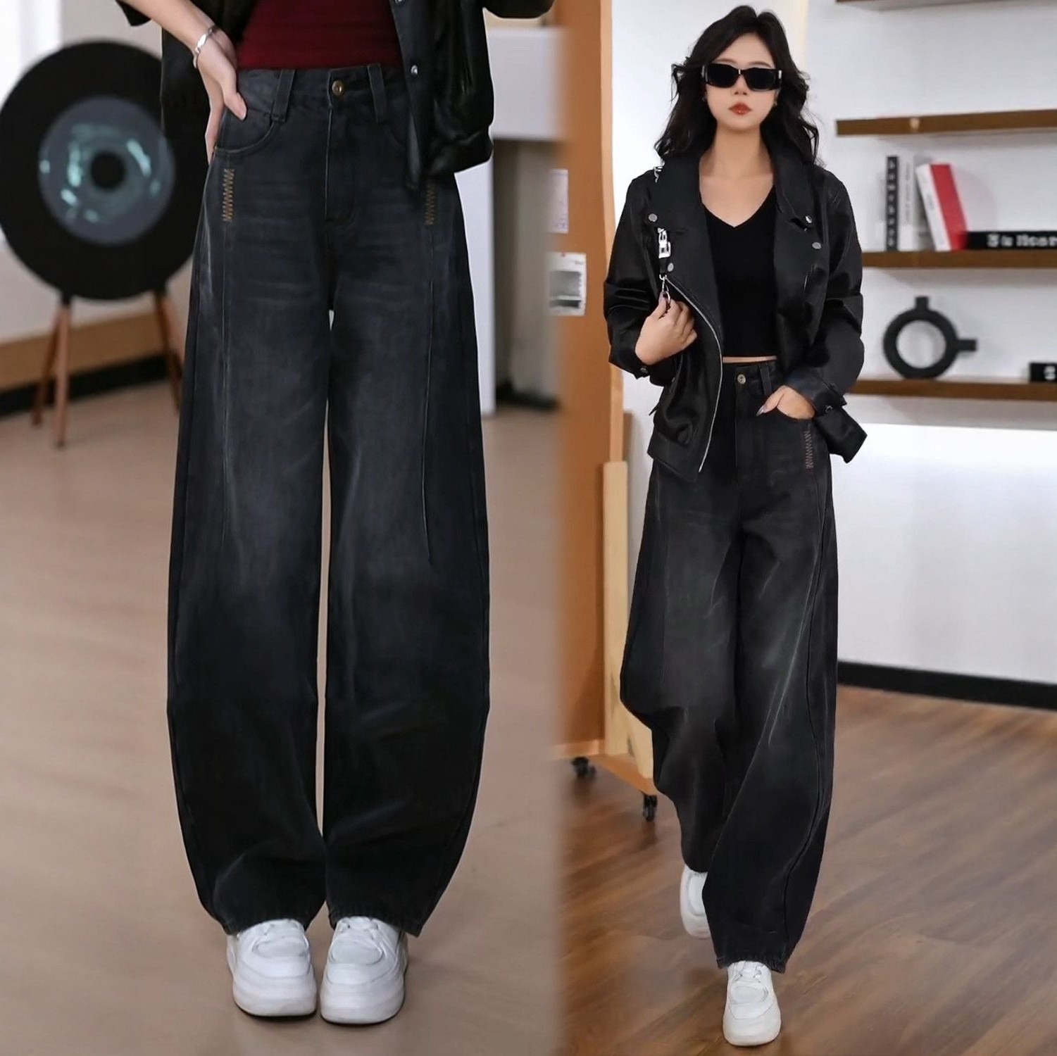 潮流款窄版弯刀牛仔裤女2026春装新款高腰宽松拼接阔腿裤镰刀裤潮,女装/女士精品,牛仔裤,淘宝优惠券,粉丝福利购,淘宝优惠卷