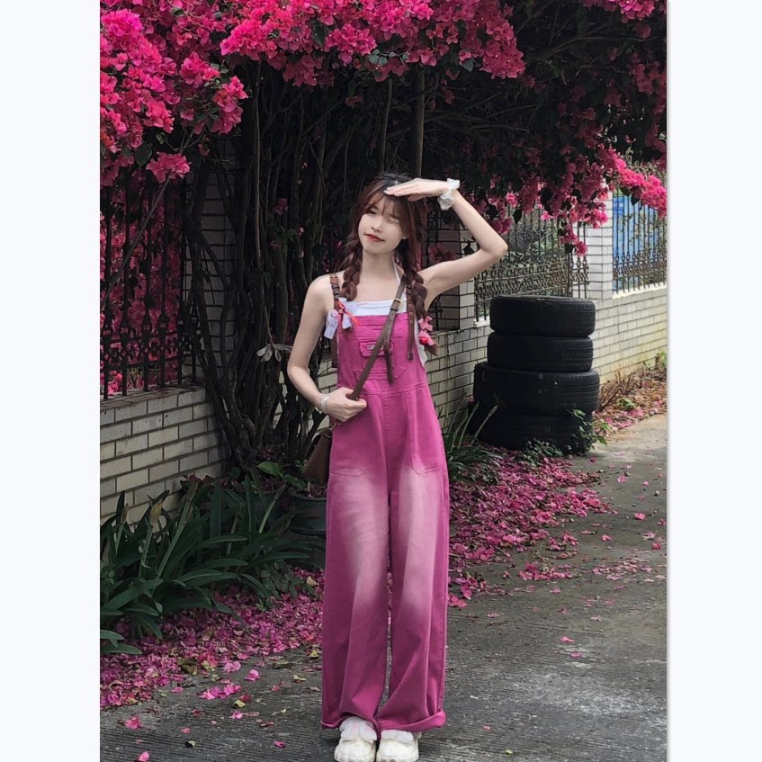 小众设计玫粉色牛仔背带裤女春夏宽松减龄吊带裤学生直筒连体裤子