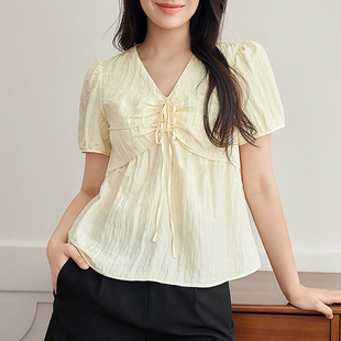 AN大码女装法式v领系带雪纺小衫夏季微胖mm设计感泡泡袖衬衫上衣