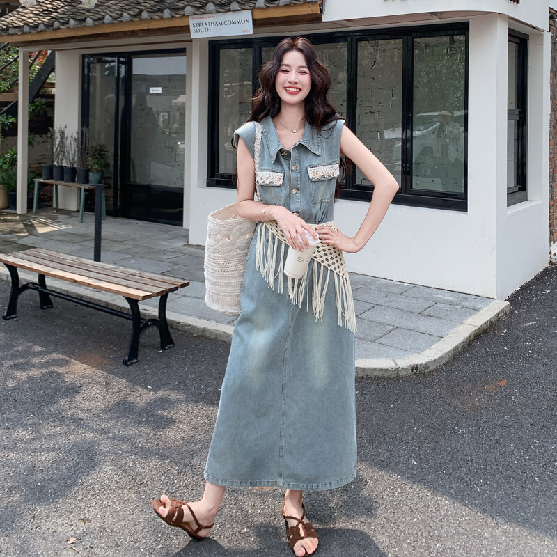 牛仔连衣裙【送配饰休闲浅蓝牛仔色商务毛边女士无袖全棉牛仔裙
