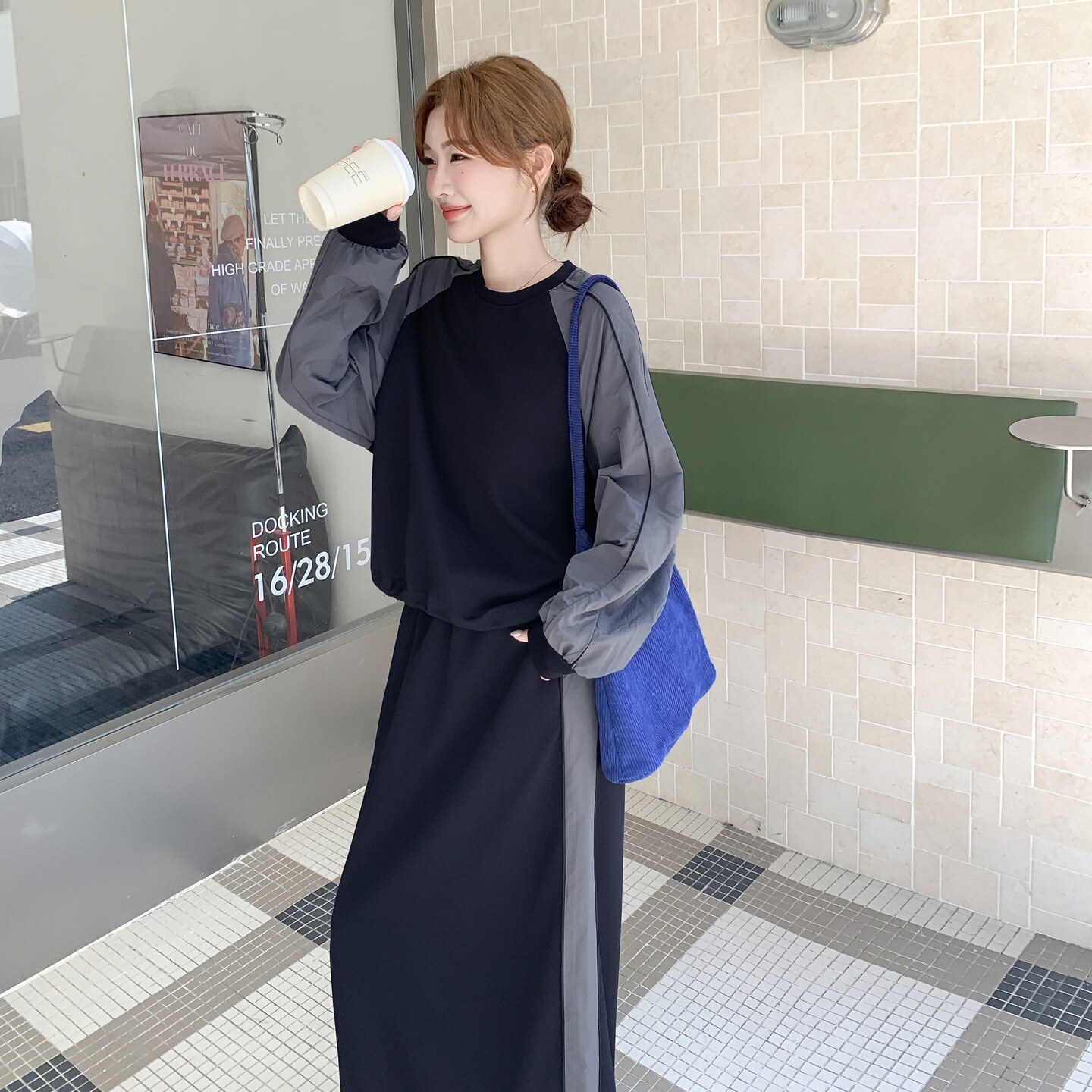 个性设计感撞色圆领卫衣套装女春秋ins潮牌休闲运动半身裙两件套