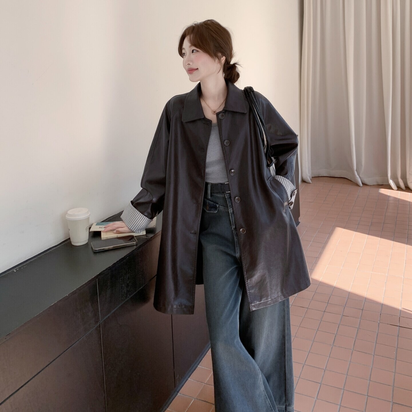 有大立领新款上市2026年春季显瘦爆款韩范韩版中长款皮衣外套女