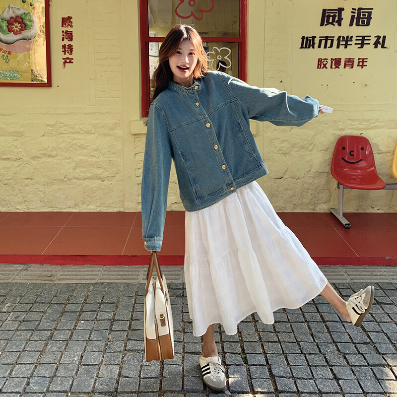 秋季百搭新款上市美洋优质胸围精品立领单排金扣翻领宽松牛仔外套