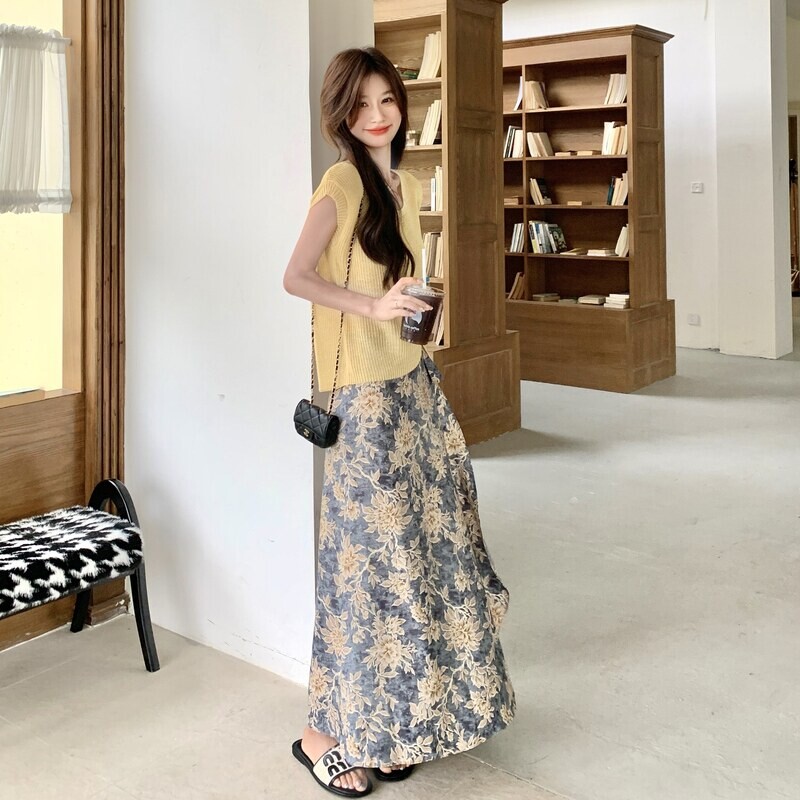 法式优质冬季新款上市浪漫度假风针织衫碎花半身裙套装女两件套