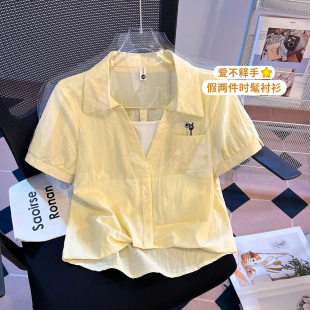 温柔百搭上衣 女翻领泡泡袖 2026学院风假两件刺绣口袋短袖 衬衫